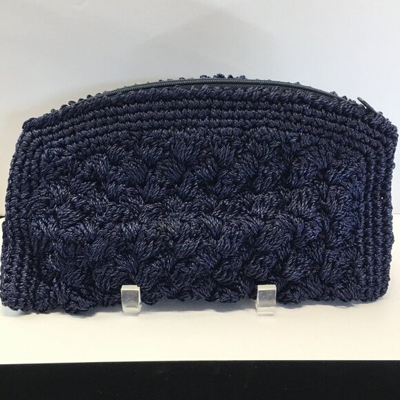 Vintage Crochet Clutch Purse Midnight Dark Blue Zip Closure 1940\'s